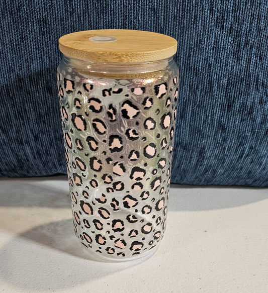 16 oz Glass Can - Leopard Print