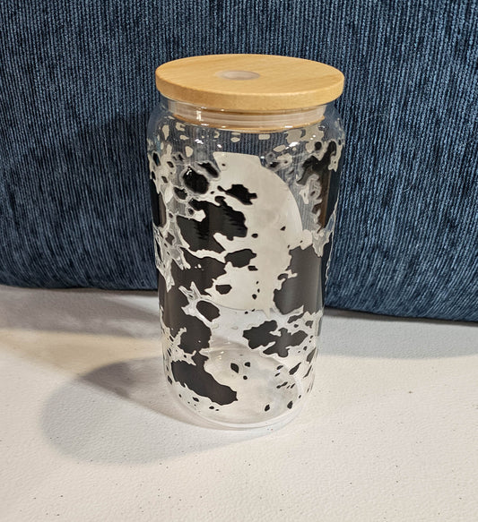 16 oz Glass Can - Cow Print